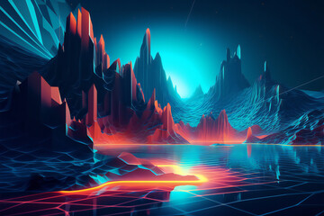 Abstract landscape concept. Light glowing on dark scene. Beyond generation and futuristic of Sci-Fi. Wallpaper. Background. Virtual Reality. Generative AI