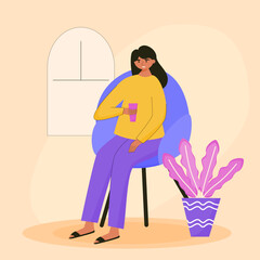 Women relax and drink while sitting on sofa at home illustration. Speed free time alone illustration character.