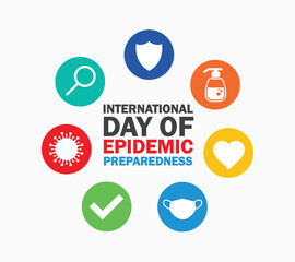 International day of epidemic preparedness, vector illustration, flyer, banner, social media post, poster, typography, icons, hand, earth, shield, lessons, social distancing, Covid 19, Coronavirus