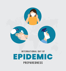 International day of epidemic preparedness, vector illustration, flyer, banner, social media post, poster, typography, icons, hand, earth, shield, lessons, social distancing, Covid 19, Coronavirus