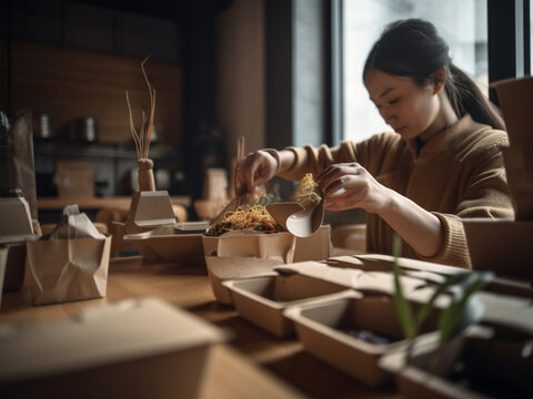 The barista confectioner girl prepare a paper bag with the order of pastries and coffee for the customer in the cafeteria. Coffee and takeaway in a cafe or bar. Recycle  paper box, generative AI