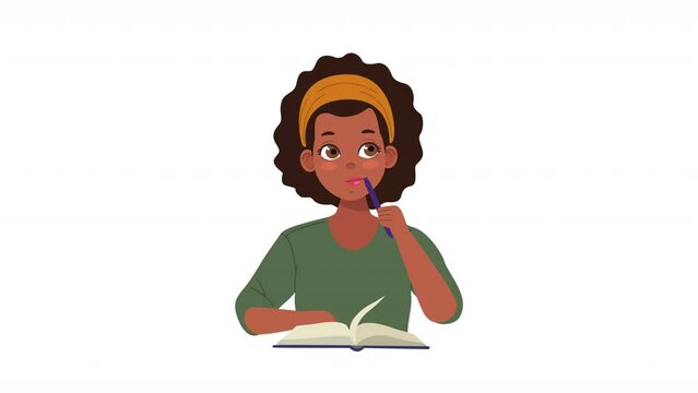 afro girl studying with book character animation