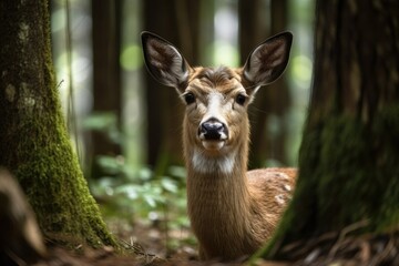 Fototapeta premium Gorgeous deer with large horns a young deer alone. Generative AI