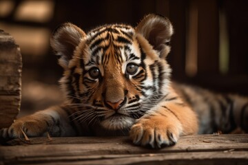 At the zoo, a tiger cub is napping on the playground. Close up. Generative AI