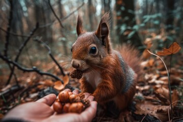 Fototapeta premium Squirrel in fall woodland eating from hands. Generative AI
