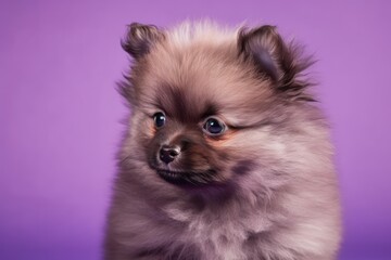 Spitz puppy with soft coat against a lilac background. Generative AI
