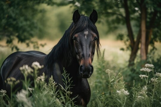 lovely horse amid a field of greenery. Generative AI