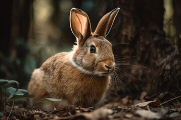 Naklejka na ściany i meble Cute rabbit in a park portrait. Generative AI