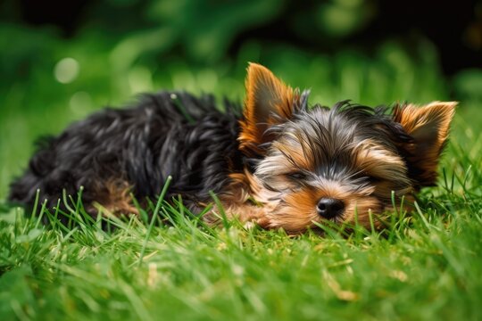 image of a lovely Yorkie puppy sleeping on green grass. Generative AI