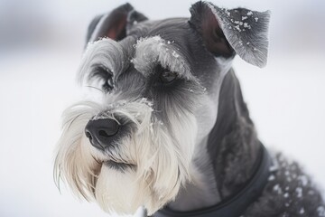Close up of a snow covered miniature schnauzer dog, staring, questioning, bearded dog, beggar. Generative AI
