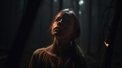 Young anxious girl alone in the forest - made with Generative AI tools