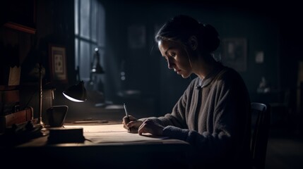 Fototapeta premium Young woman sits at her desk and writes a letter - dark moody scene - made with Generative AI tools
