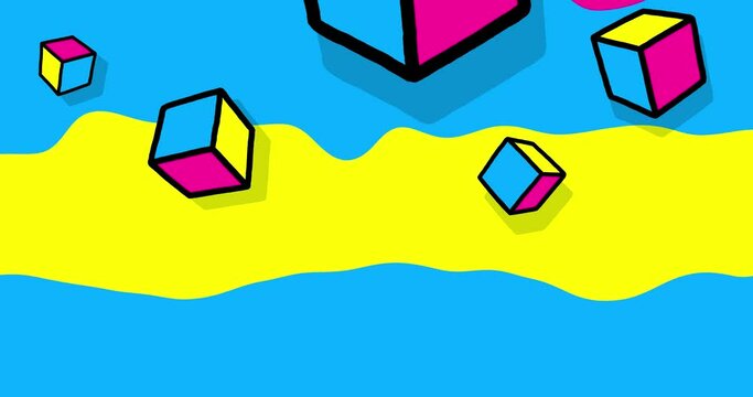 Wipe liquid transition with a few cubes cartoon CMYK. Linear doodle black outline animation figure rotation. Seamless loop and alpha channel. Motion design element.