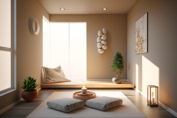 A serene room designed for meditation and relaxation, featuring a minimalist design, soft lighting, and natural materials - Generative AI