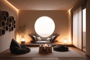 A serene room designed for meditation and relaxation, featuring a minimalist design, soft lighting, and natural materials - Generative AI