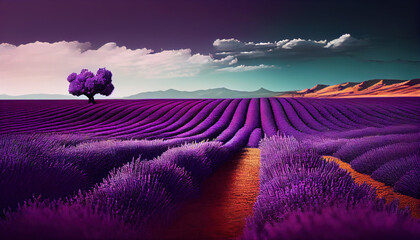 A field of vibrant purple lavender with blue sky in the background