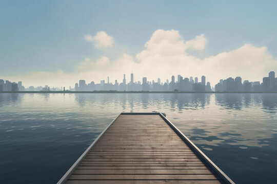 Minimalist dock harbor with city skyline landscape made by generative ai