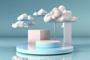 3D clouds and skies background with a white podium. standing on water. Product promotion step pedestal. Abstract minimal advertise. 3D render copy space mockup generative AI