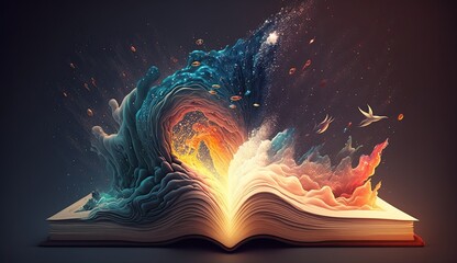 Open magic book Galaxy milky way stars other dimension cloud space explosion background AI Generated