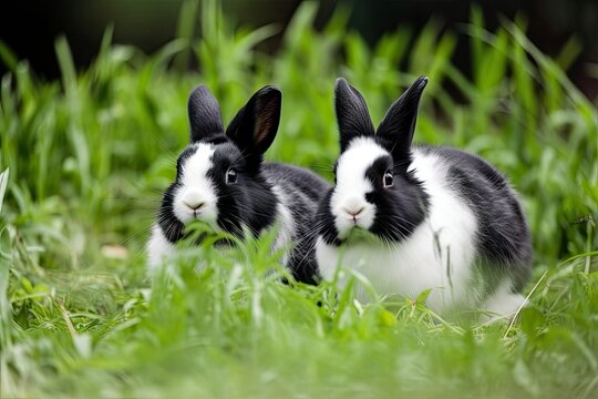 a field with black and white rabbits. Generative AI