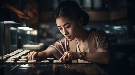 Young Asian woman prepares Sushi at a Japanese restaurant - made with Generative AI tools