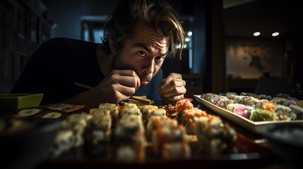 Caricature of a man in front of a big platter with sushi - made with Generative AI tools