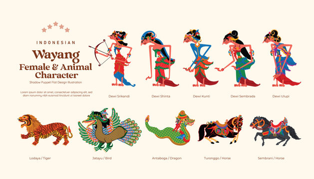 Isolated Set of Indonesian wayang female and animal character flat design illustration