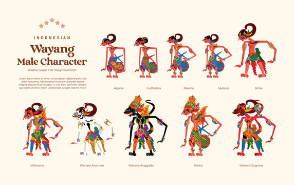 Isolated Set of Indonesian wayang male character flat design illustration