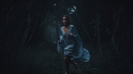Fototapeta na wymiar Young anxious woman runs through the forest in panic - made with Generative AI tools