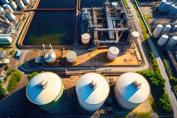 Aerial photo of oil and gas chemical tank at oil refinery plant. Generative AI