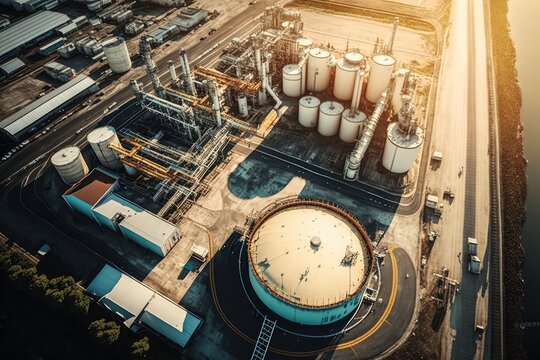 Aerial photo of oil and gas chemical tanks at oil refinery plant. Generative AI