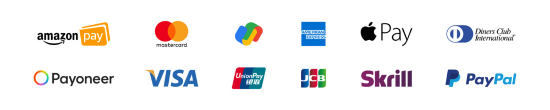 Payment systems icon logo. Online card company logotype. PayPal, Mastercard, Visa, Skrill, Apple Pay, Google Pay, Amazon Pay, Payoneer, American Express logos editorial vector flat