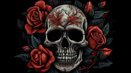 Peel and stick wall murals Aquarel Skull Red rose and skull illustration. Generative AI