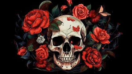 Abwaschbare Fototapete Aquarellschädel Red rose and skull illustration. Generative AI