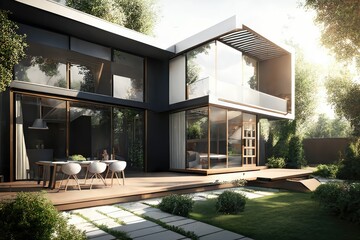 Luxurious modern house with outside dining space. Porch with dining table. Sunny day, trees and green lawn. Generative AI