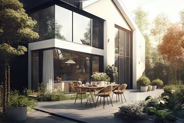Obraz premium Luxurious modern house with outside dining space. Porch with dining table. Sunny day, trees and green lawn. Generative AI
