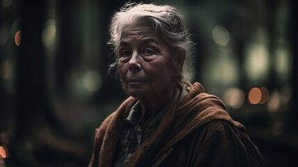 Very old woman alone in the forest - made with Generative AI tools - obrazy, fototapety, plakaty