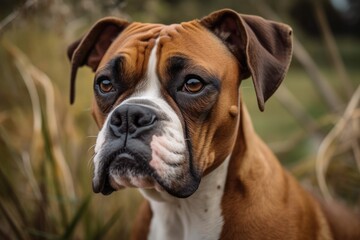 A purebred brown and white Boxer dog portrait. Generative AI