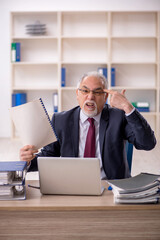 Old male employee sitting at workplace