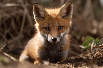 Red fox cub in the wild on a warm spring day. Generative AI