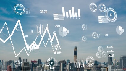 Business data analytic interface fly over smart city showing alteration future of business intelligence. Computer software and artificial intelligence are used to analyze big data for strategic plan .
