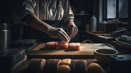 Fototapeta na wymiar Asian cook preparing sushi in an Japanese restaurant - made with Generative AI tools