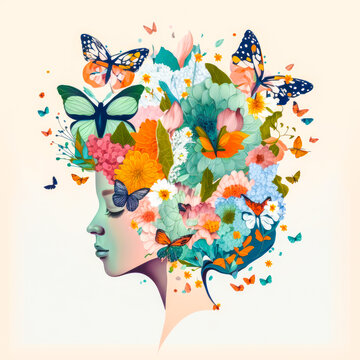 A woman with butterflies and flowers as hair, spiritual head of a woman as painted AI image