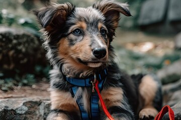 Cute adopted puppy sitting on the gray slab with a red leash and a blue collar that sticks out its tongue. Generative AI