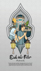 Vector handdrawn illustration with mosque and moslem greeting for eid al-fitr 