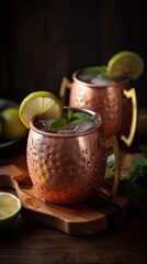 Moscow Mule Cocktail with Lime. Cocktail with ice, in a copper mug on a black background. Generative AI.