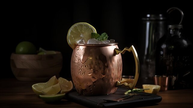 Moscow Mule Cocktail with Lime. Cocktail with ice, in a copper mug on a black background. Generative AI.