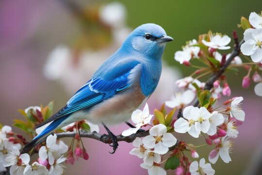 The color azure blue (Cyanistes cyanus). A lovely unusual bird against an apple blossom background. Ukraine and Poland. Generative AI