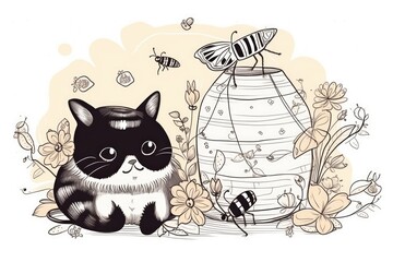 drawing a cute cat and a beehive. Front view of the camera shows a gloomy scene. For greetings, wallpaper, backgrounds, textures, DIY, wrappers, cards, logos, etc., use a hand drawing on a white backg