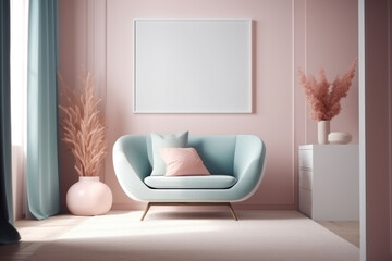 Blank poster mockup on the wall in Trendy minimalist modern living room in pastel pink and blue colors. Home fashion 2023. Photorealistic illustration generative AI.